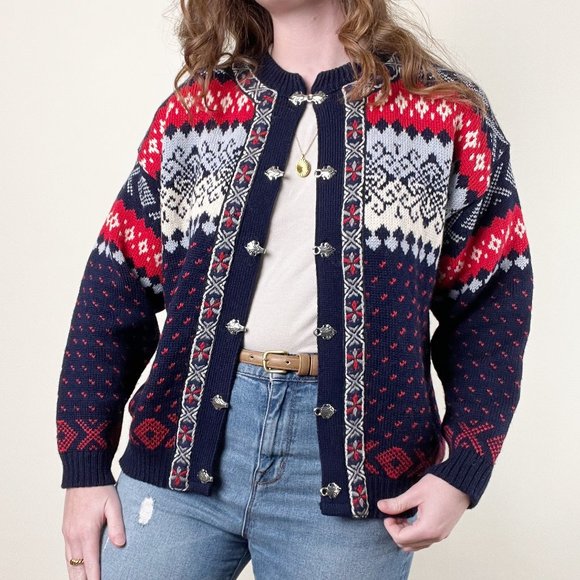 Vintage Norwegian Fair Isle Wool Knit Embroidered Oversized Cardigan Sweater - Picture 4 of 8